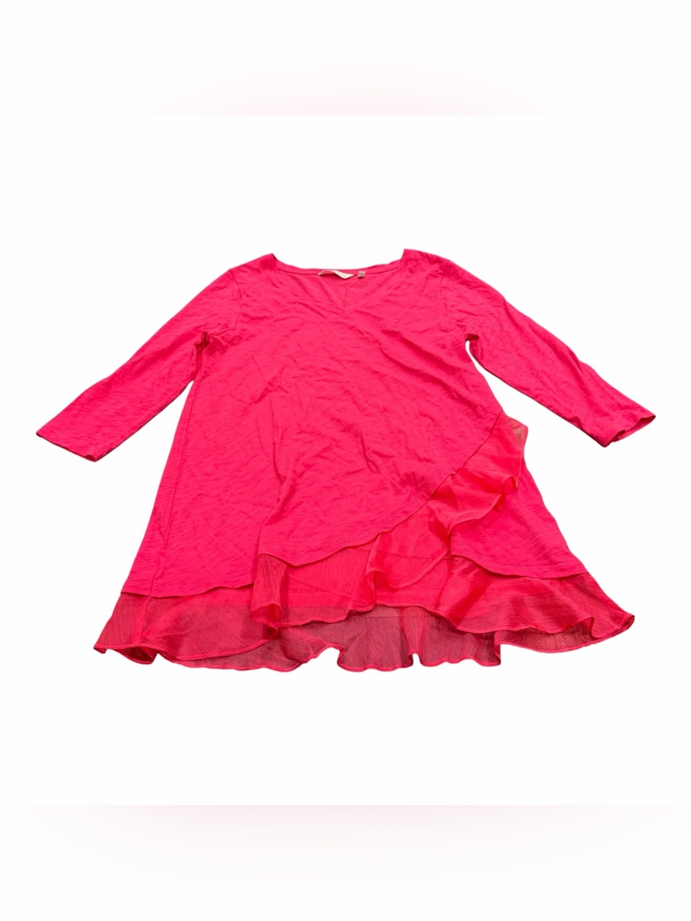 Soft Surroundings Women’s Top V Neck Shirt Ruffle Hem Cotton Pink Size XS
